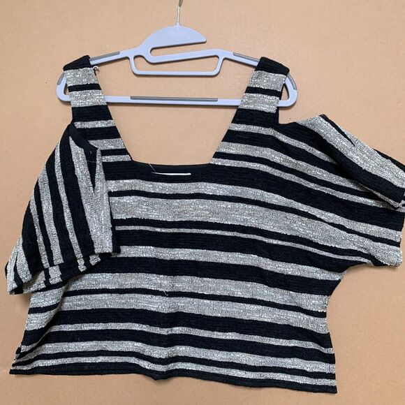 MORGAN CARPER Anthropologie Boucle Knit Stripe Open Cold Shoulder Top - Picture 7 of 12